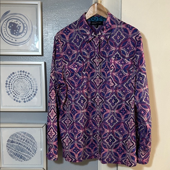 Jones New York Women's Purple Patterned Button Up Roll Tab Sleeve Shirt Size XL - Picture 1 of 7